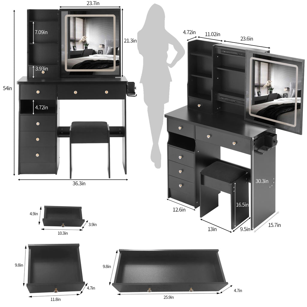 37" Left Drawer Desktop Vanity Table + Cushioned Stool, 2 AC+2 USB Socket, Hair Dryer Stand, Large Touch Control LED Sliding Mirror, 3-color Switch Makeup Dressing Set, EPA, GCC, UL Certificate