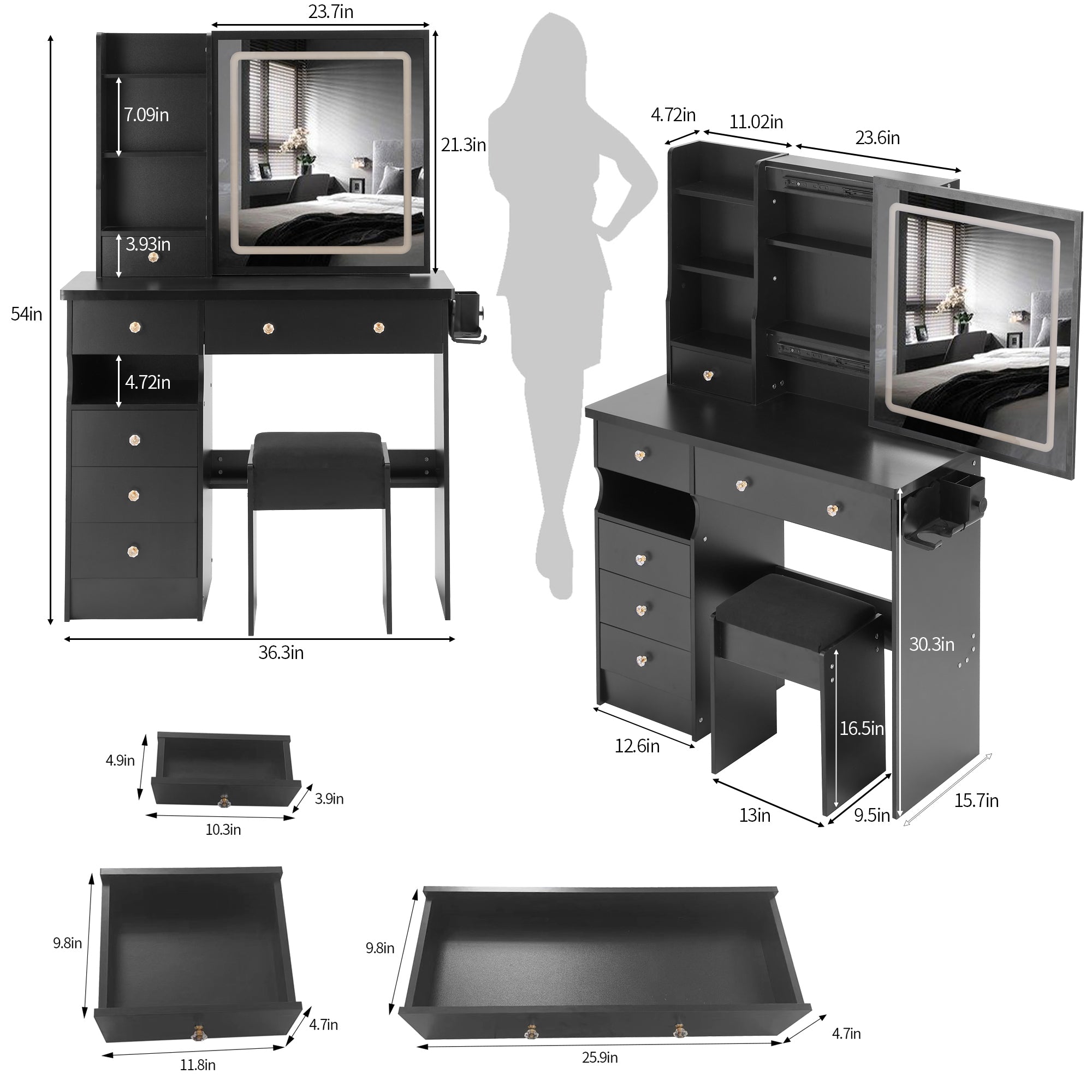 37" Left Drawer Desktop Vanity Table + Cushioned Stool, 2 AC+2 USB Socket, Hair Dryer Stand, Large Touch Control LED Sliding Mirror, 3-color Switch Makeup Dressing Set, EPA, GCC, UL Certificate
