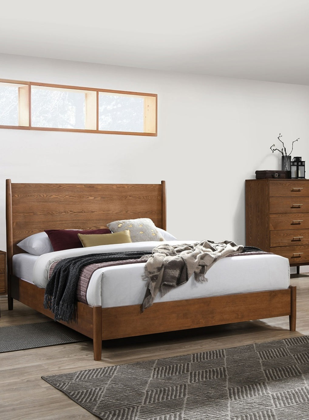 Walnut Color Panel Headboard 3pc Bedroom Set Full Size Bed 2x Nightstands Wooden Mid-Century Modern Style