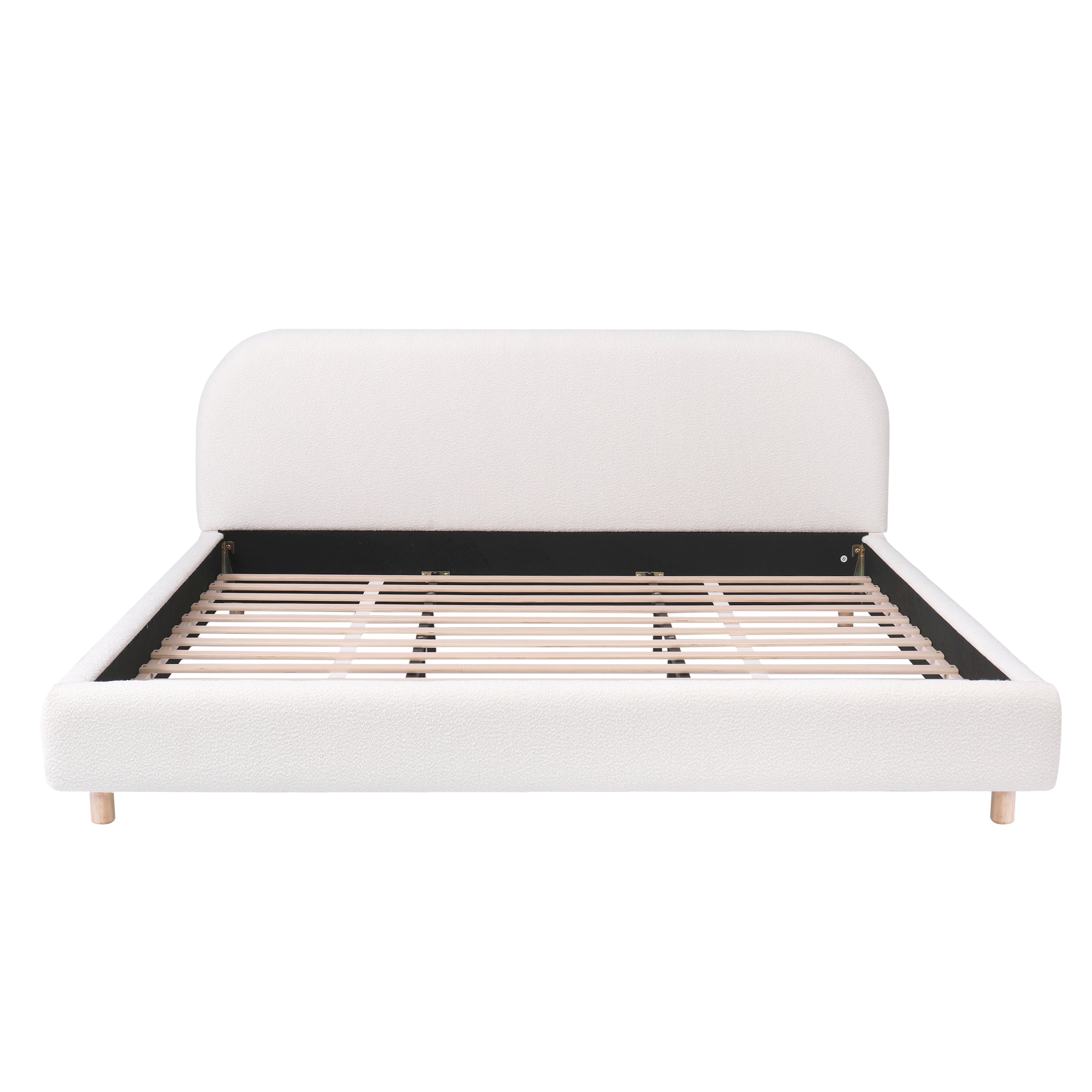 King Size Platform Bed with Boucle Fabric, Boucle Fabric Upholstered Platform Bed with Curve-Shaped Design Headboard, White, Easy Assembly