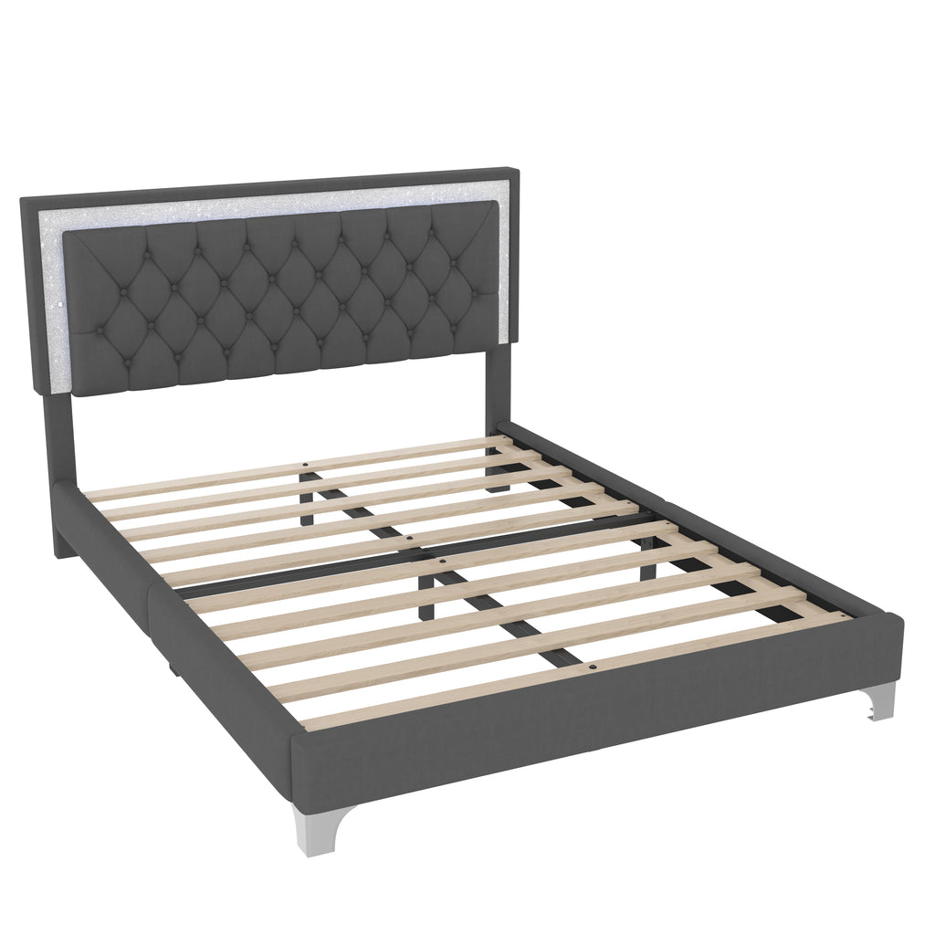 3-Pieces Bedroom Sets,Queen Size Upholstered Platform Bed with LED Lights and Two Nightstands-Gray
