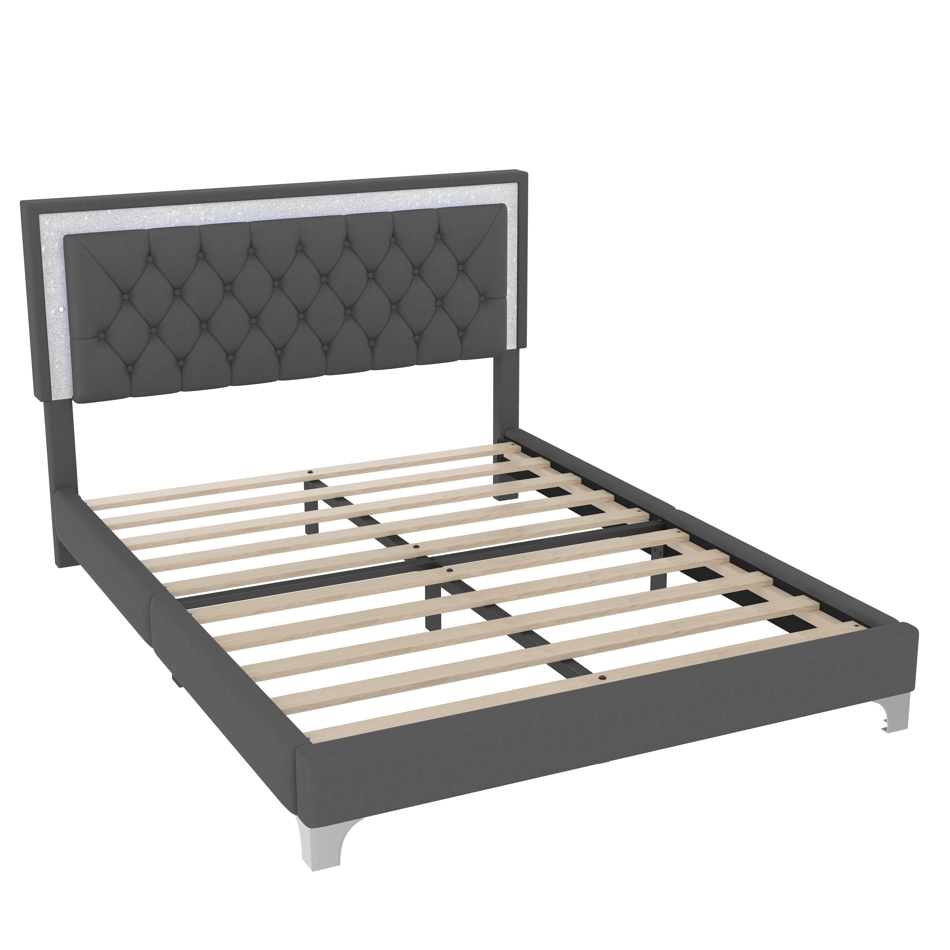 3-Pieces Bedroom Sets,Queen Size Upholstered Platform Bed with LED Lights and Two Nightstands-Gray
