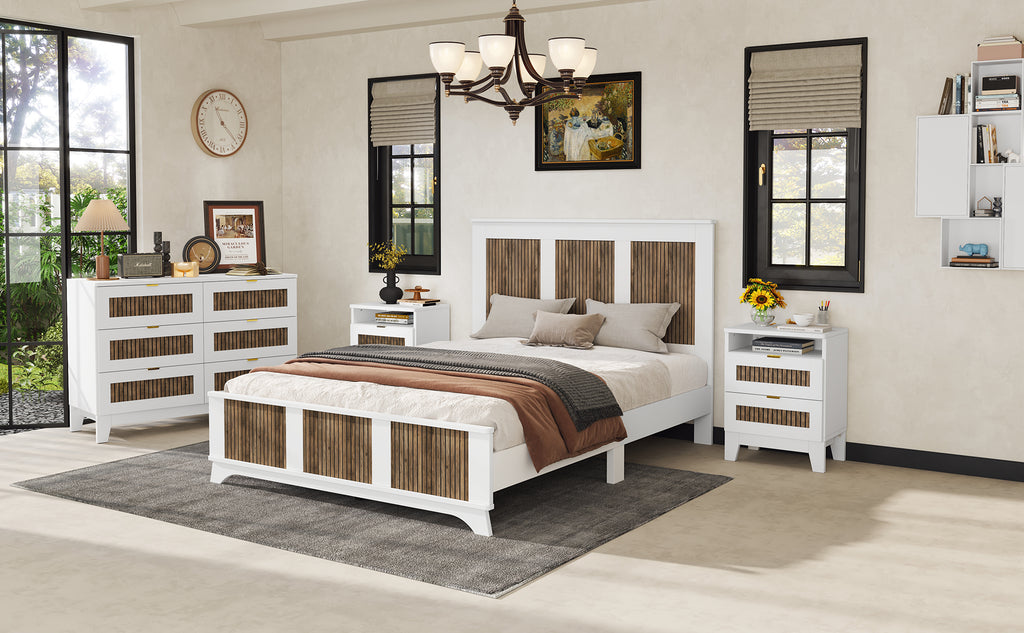 4-Pieces Bedroom Sets, Queen Size Farmhouse Platform Bed with Wooden Strip Stickers Decoration, Storage Nightstand and Dresser with Metal Handle