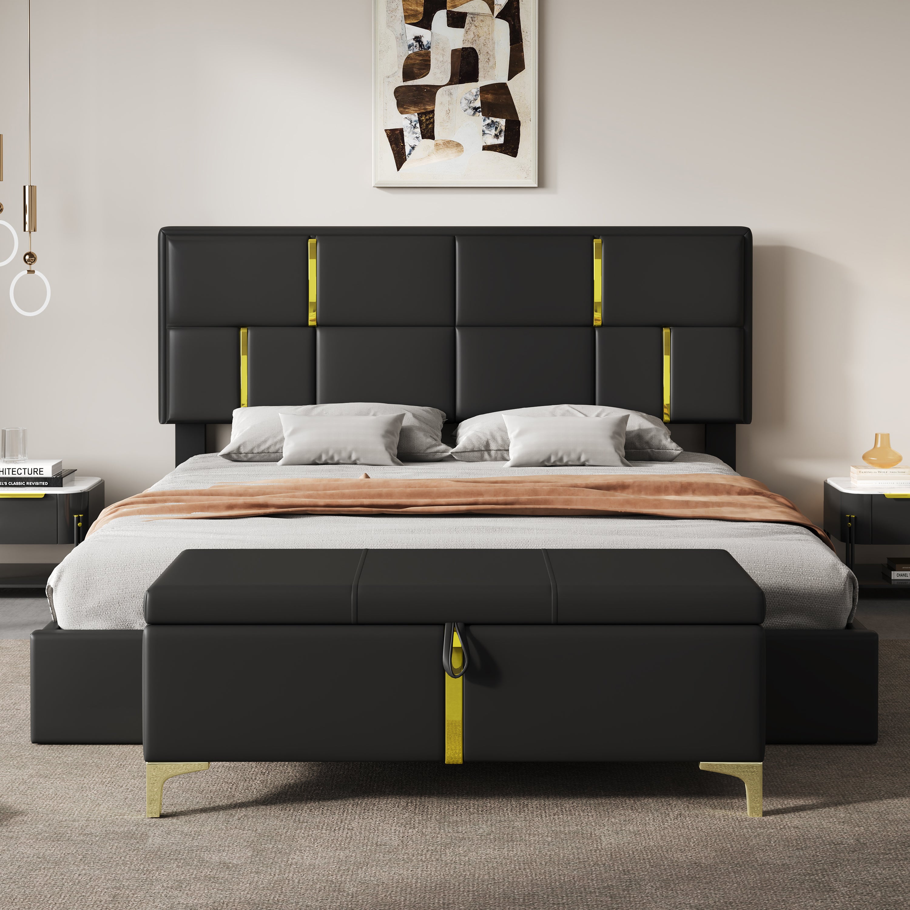 2-Pieces Bedroom Sets,Queen Size Upholstered Platform Bed with Hydraulic Storage System,Storage Ottoman with Metal Legs