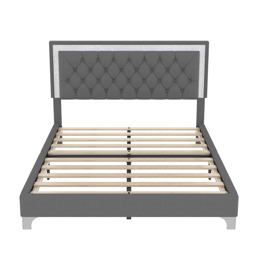3-Pieces Bedroom Sets,Queen Size Upholstered Platform Bed with LED Lights and Two Nightstands-Gray