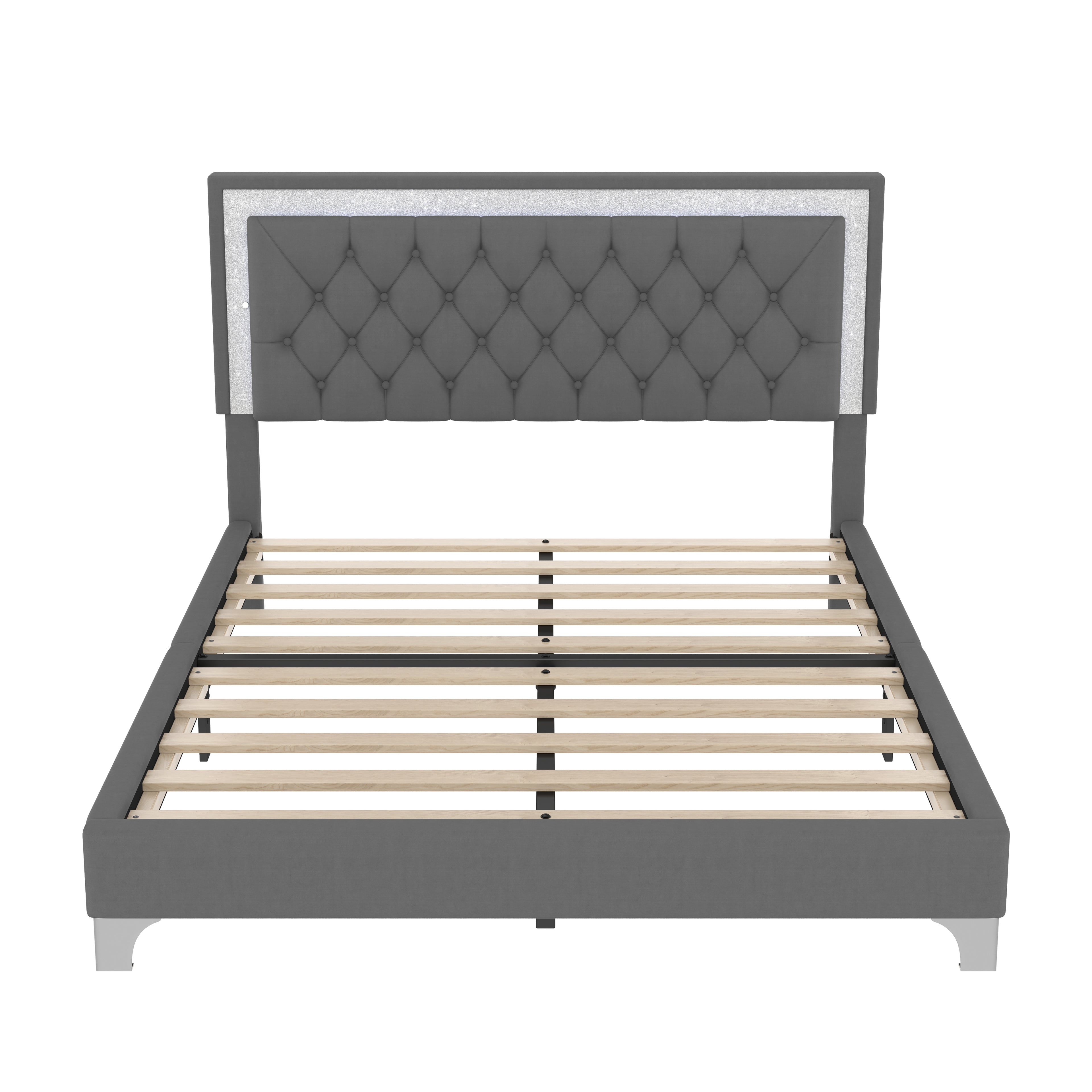 3-Pieces Bedroom Sets,Queen Size Upholstered Platform Bed with LED Lights and Two Nightstands-Gray