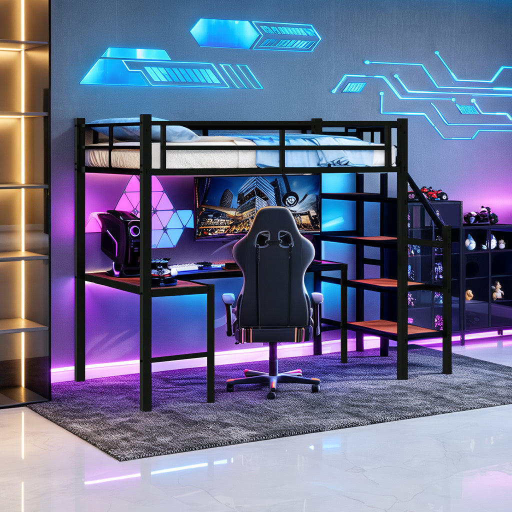 Loft bed with L-shaped desk, large storage space and storage compartments, sturdy bed frame with stairs, continuous belt railing, space-saving, noiseless, no elephant springs required