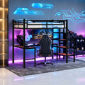 Loft bed with L-shaped desk, large storage space and storage compartments, sturdy bed frame with stairs, continuous belt railing, space-saving, noiseless, no elephant springs required