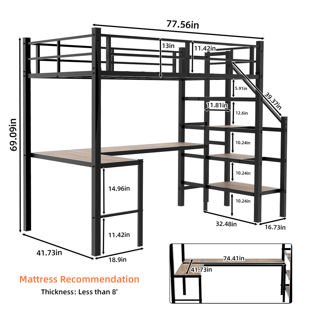Loft bed with L-shaped desk, large storage space and storage compartments, sturdy bed frame with stairs, continuous belt railing, space-saving, noiseless, no elephant springs required