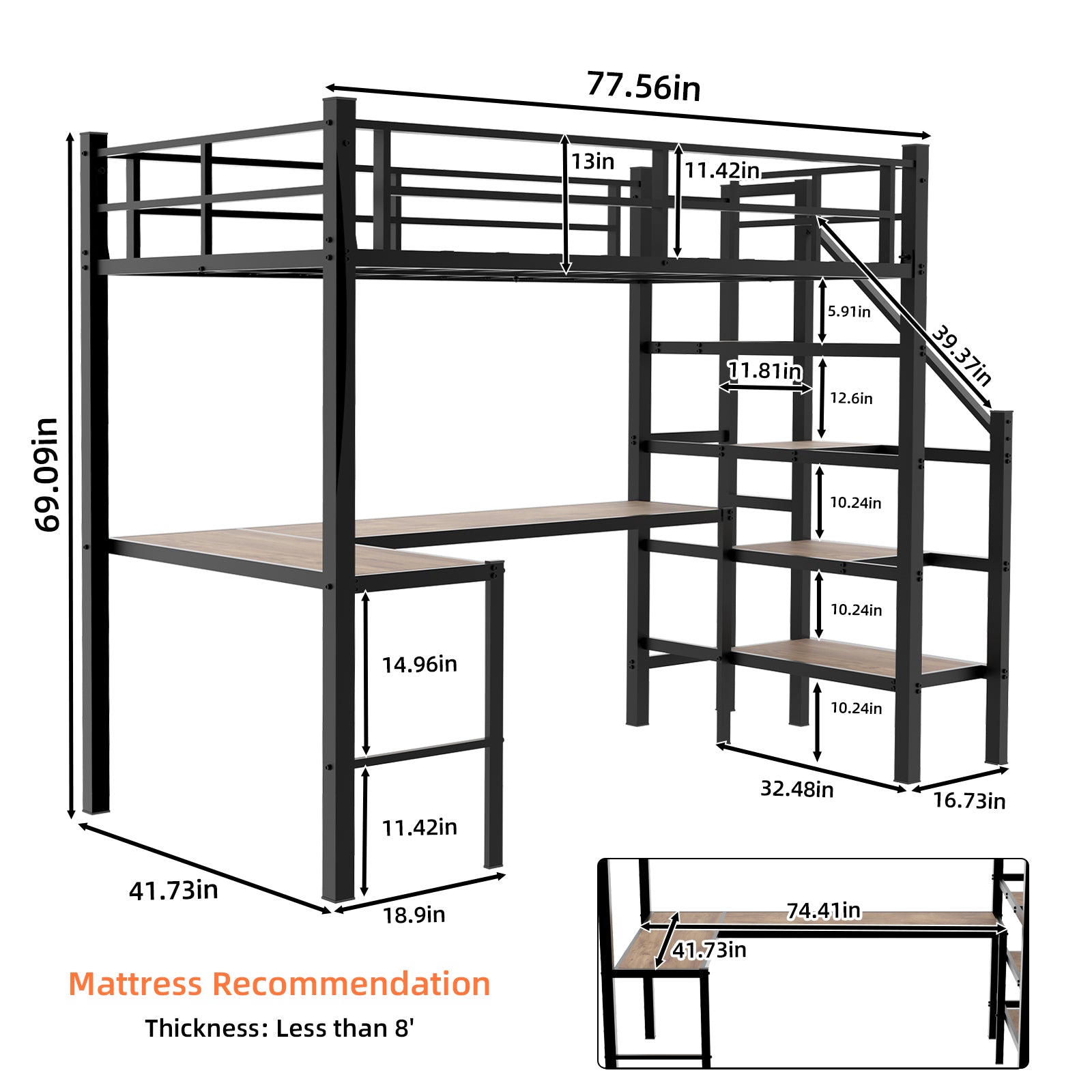Loft bed with L-shaped desk, large storage space and storage compartments, sturdy bed frame with stairs, continuous belt railing, space-saving, noiseless, no elephant springs required