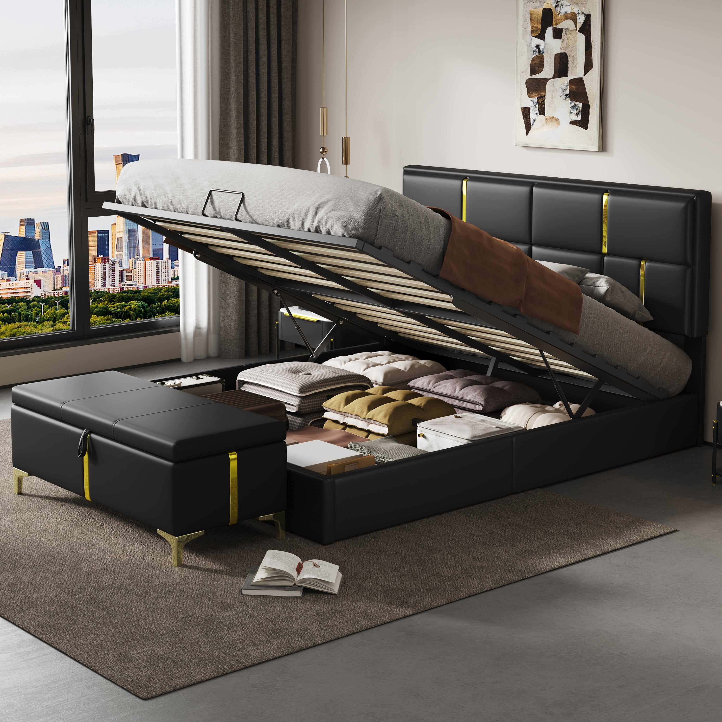 2-Pieces Bedroom Sets,Queen Size Upholstered Platform Bed with Hydraulic Storage System,Storage Ottoman with Metal Legs