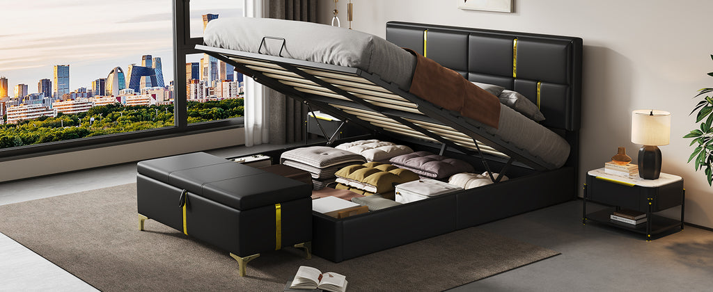 2-Pieces Bedroom Sets,Queen Size Upholstered Platform Bed with Hydraulic Storage System,Storage Ottoman with Metal Legs