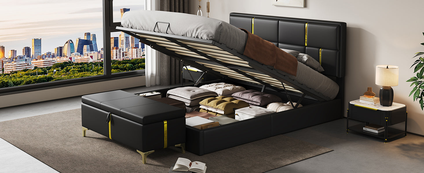 2-Pieces Bedroom Sets,Queen Size Upholstered Platform Bed with Hydraulic Storage System,Storage Ottoman with Metal Legs