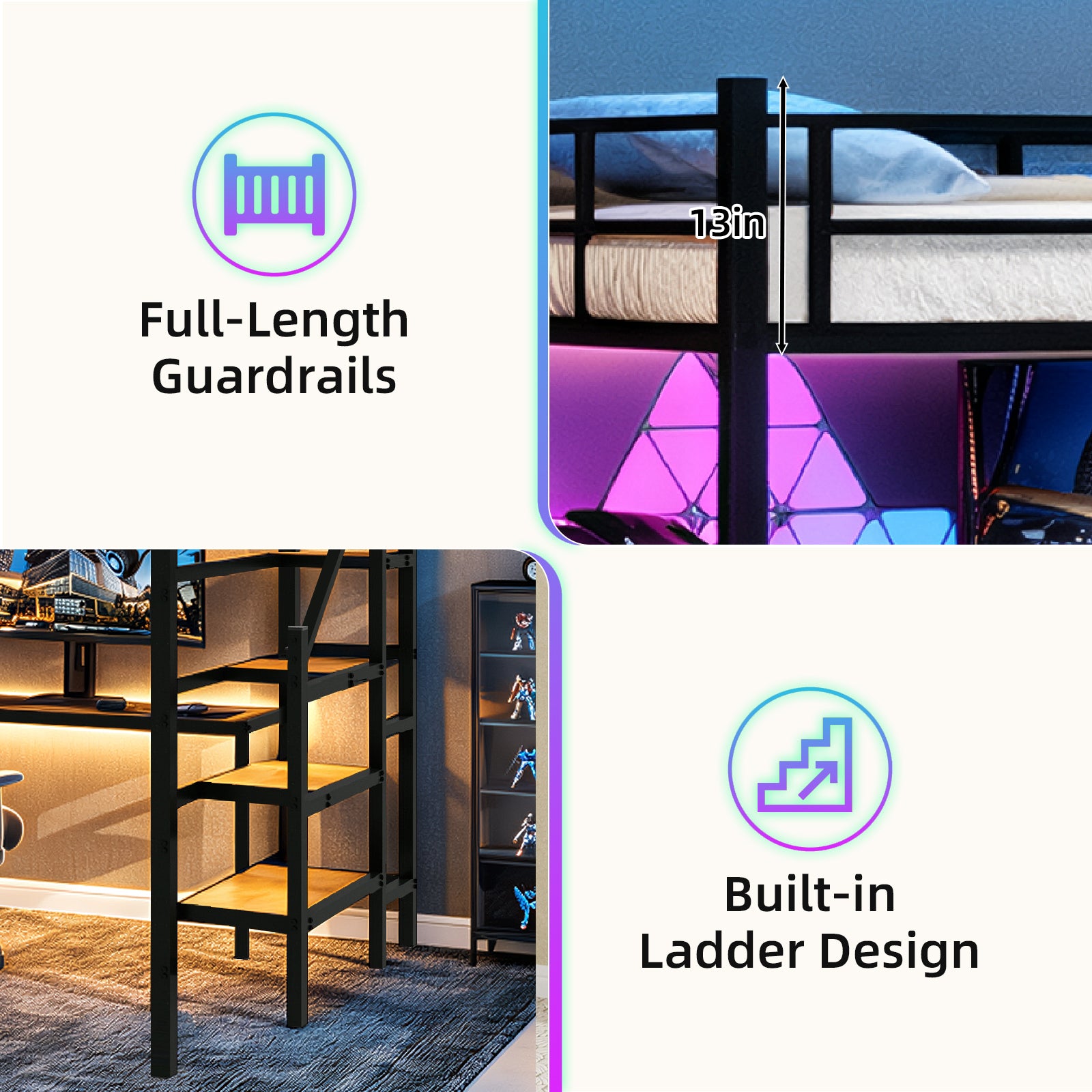 Loft bed with L-shaped desk, large storage space and storage compartments, sturdy bed frame with stairs, continuous belt railing, space-saving, noiseless, no elephant springs required