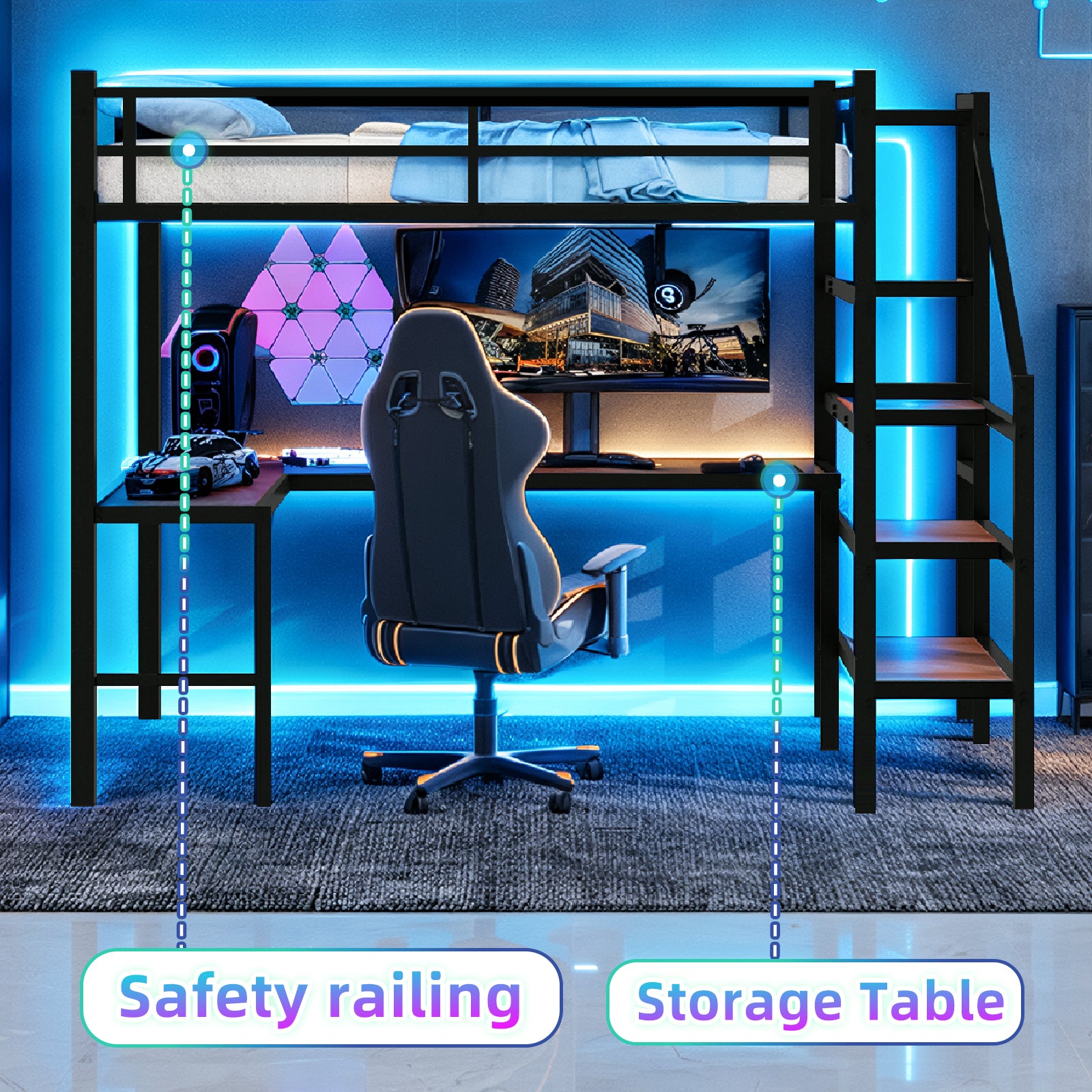 Loft bed with L-shaped desk, large storage space and storage compartments, sturdy bed frame with stairs, continuous belt railing, space-saving, noiseless, no elephant springs required