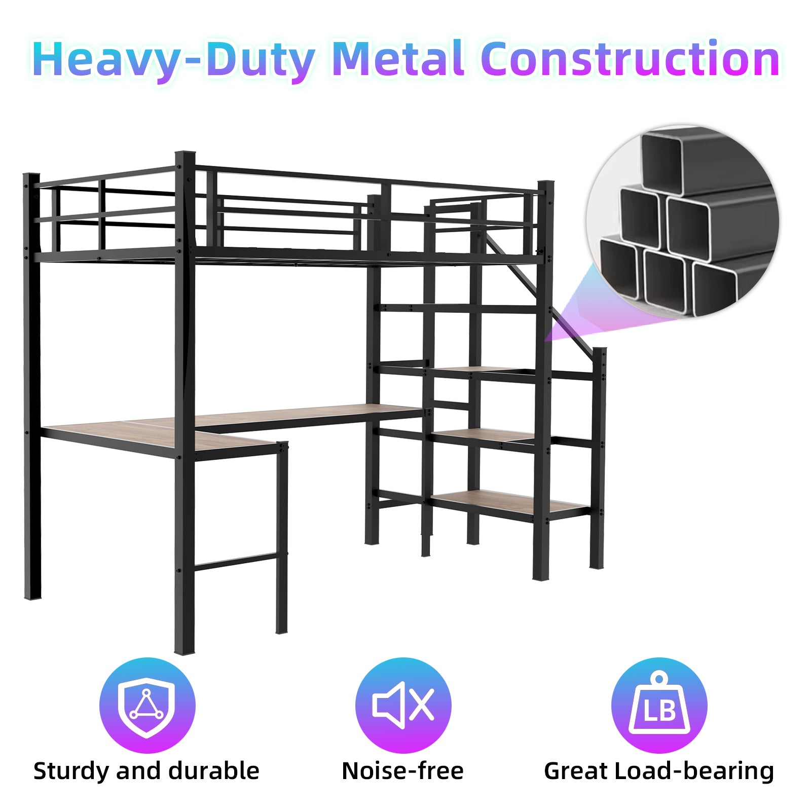 Loft bed with L-shaped desk, large storage space and storage compartments, sturdy bed frame with stairs, continuous belt railing, space-saving, noiseless, no elephant springs required