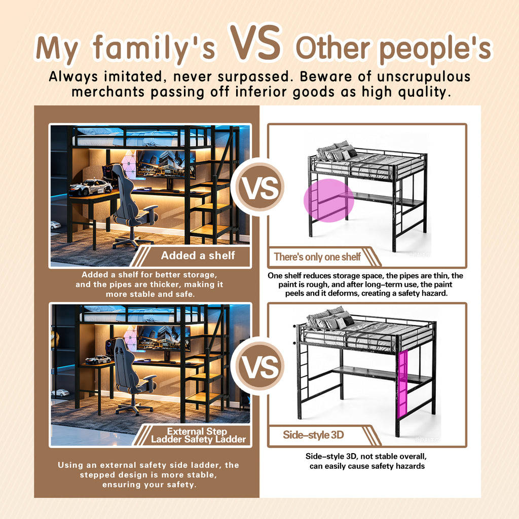 Loft bed with L-shaped desk, large storage space and storage compartments, sturdy bed frame with stairs, continuous belt railing, space-saving, noiseless, no elephant springs required