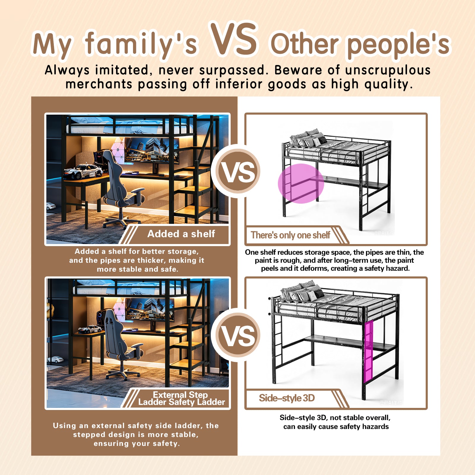 Loft bed with L-shaped desk, large storage space and storage compartments, sturdy bed frame with stairs, continuous belt railing, space-saving, noiseless, no elephant springs required