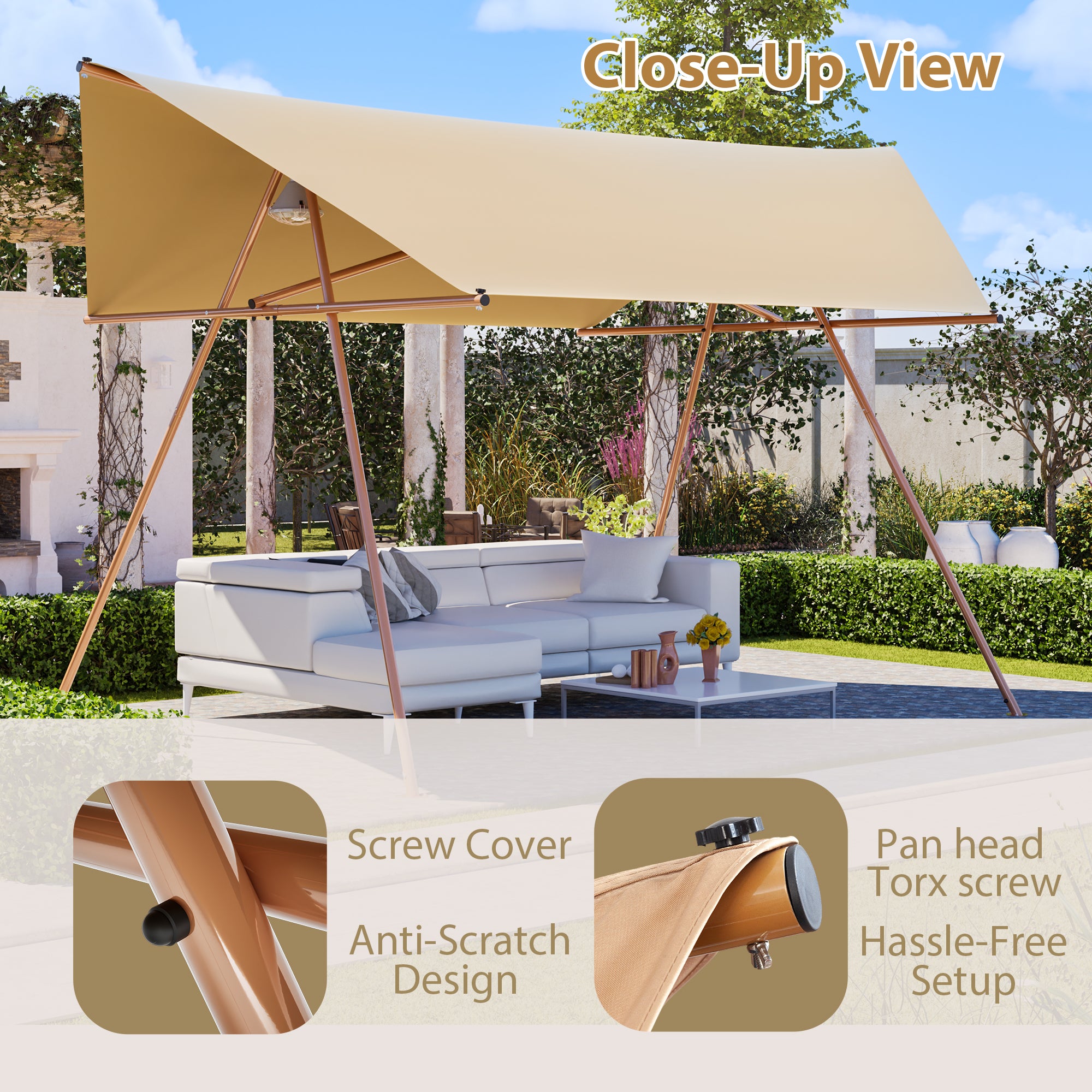 Hexagonal Shade Sail Canopy, Large 206"x118" UV Block Sun Shade with UPF 50+, Waterproof High-Density Polyester Fabric, Brown Rust-Resistant Poles & Built-in Hooks for Patio Backyard – Light Khaki