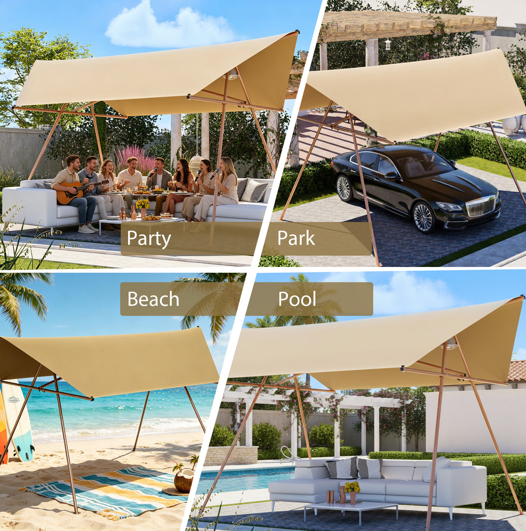 Hexagonal Shade Sail Canopy, Large 206"x118" UV Block Sun Shade with UPF 50+, Waterproof High-Density Polyester Fabric, Brown Rust-Resistant Poles & Built-in Hooks for Patio Backyard – Light Khaki