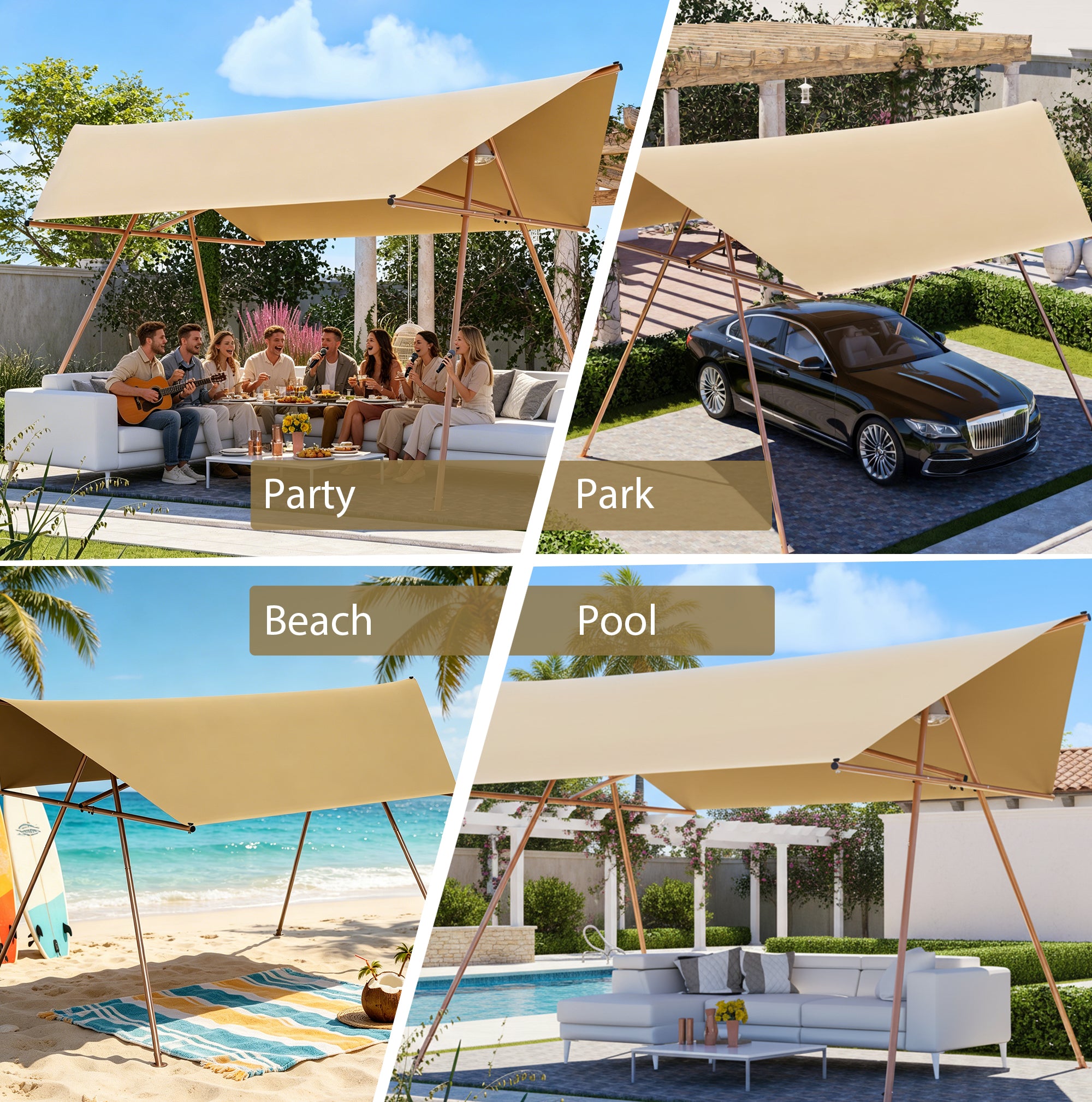Hexagonal Shade Sail Canopy, Large 206"x118" UV Block Sun Shade with UPF 50+, Waterproof High-Density Polyester Fabric, Brown Rust-Resistant Poles & Built-in Hooks for Patio Backyard – Light Khaki