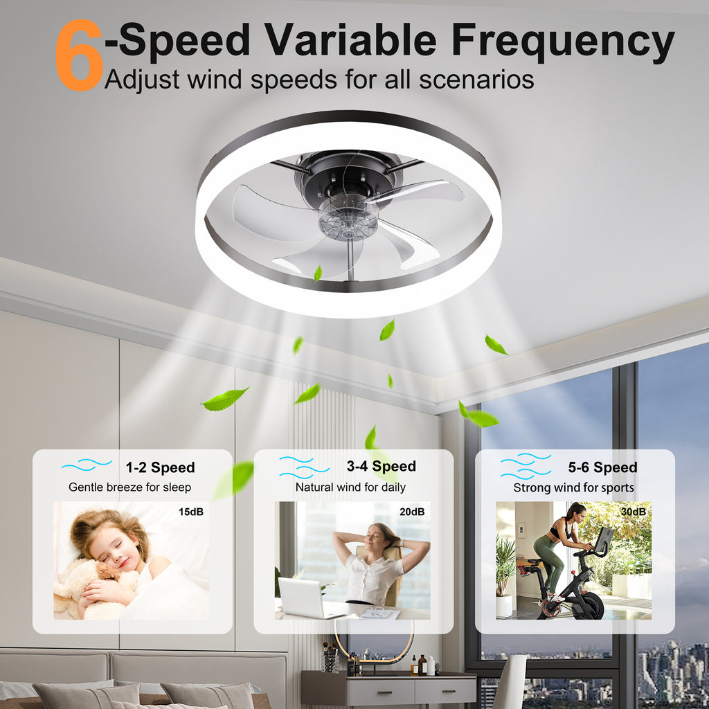 19.7'' LED Ceiling Fan Light with Remote & App Control, 6 Speeds, Dimmable, 3000K-6500K, Flush Mount BLACK Fandelier for Bedroom