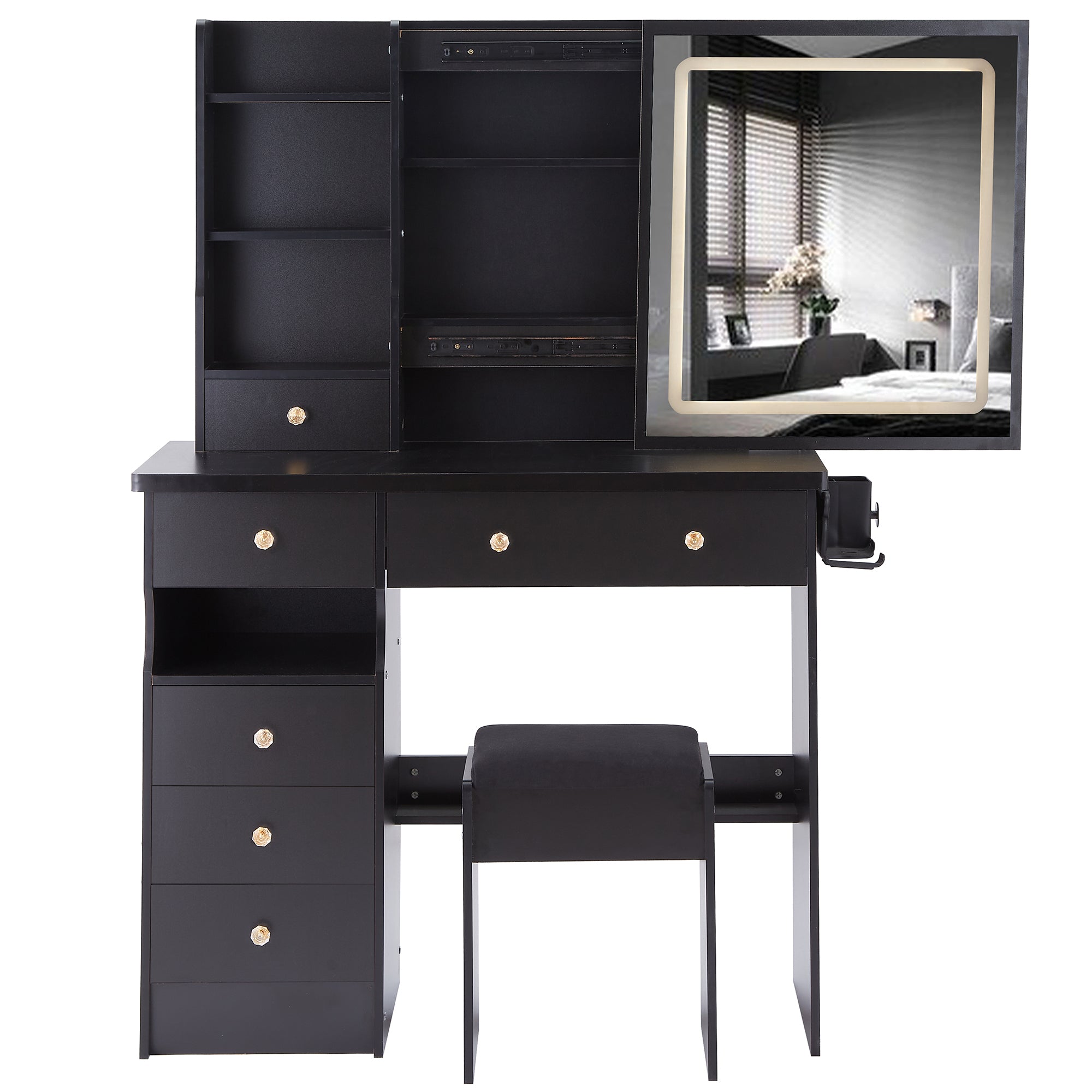 37" Left Drawer Desktop Vanity Table + Cushioned Stool, 2 AC+2 USB Socket, Hair Dryer Stand, Large Touch Control LED Sliding Mirror, 3-color Switch Makeup Dressing Set, EPA, GCC, UL Certificate
