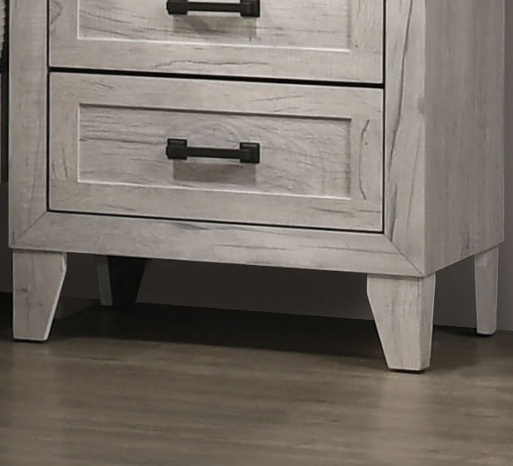 3pc Bedroom Furniture White wash Finish Queen Size Bed w Shelf Light 2x Nightstands Melamine Top Black Bar Pull