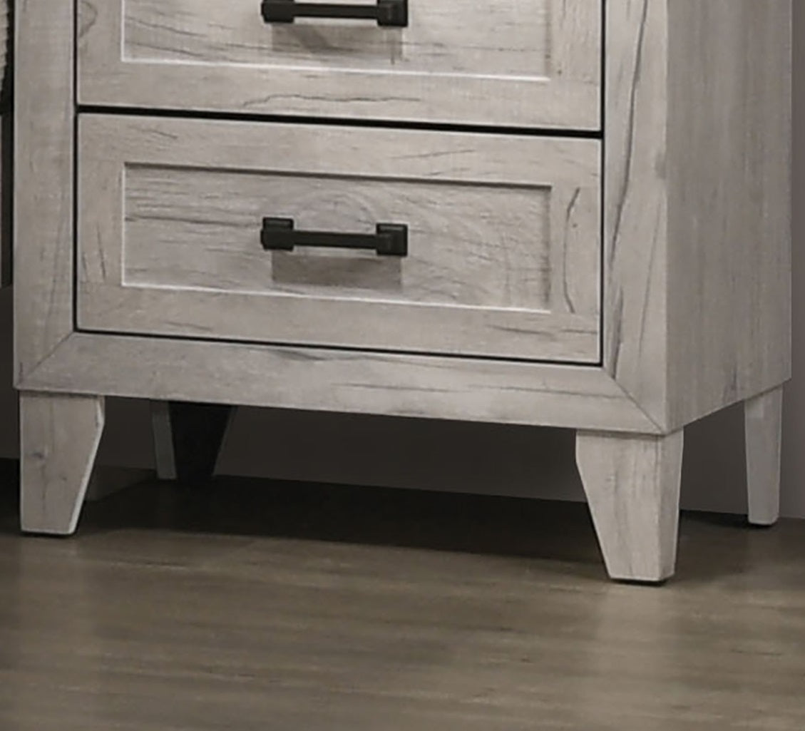 3pc Bedroom Furniture White wash Finish Queen Size Bed w Shelf Light 2x Nightstands Melamine Top Black Bar Pull