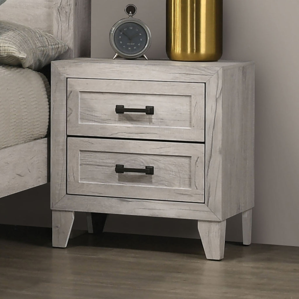 3pc Bedroom Furniture White wash Finish Queen Size Bed w Shelf Light 2x Nightstands Melamine Top Black Bar Pull