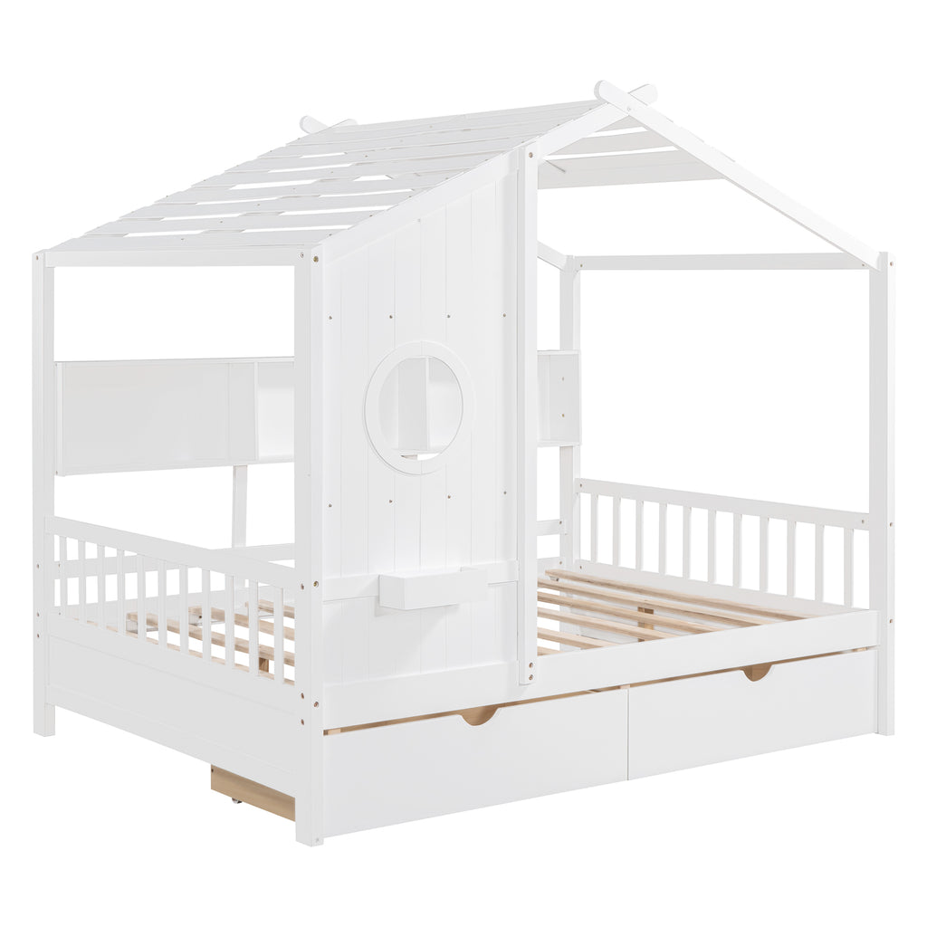 Wooden Full Size House Bed with 2 Drawers,Kids Bed with Storage Shelf, White