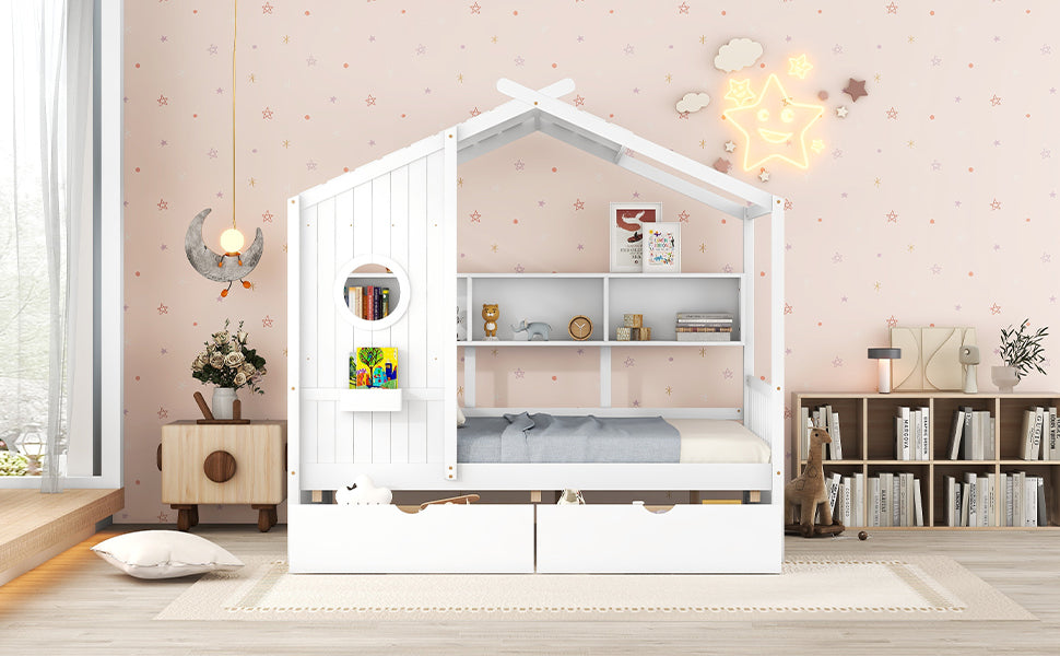 Wooden Full Size House Bed with 2 Drawers,Kids Bed with Storage Shelf, White