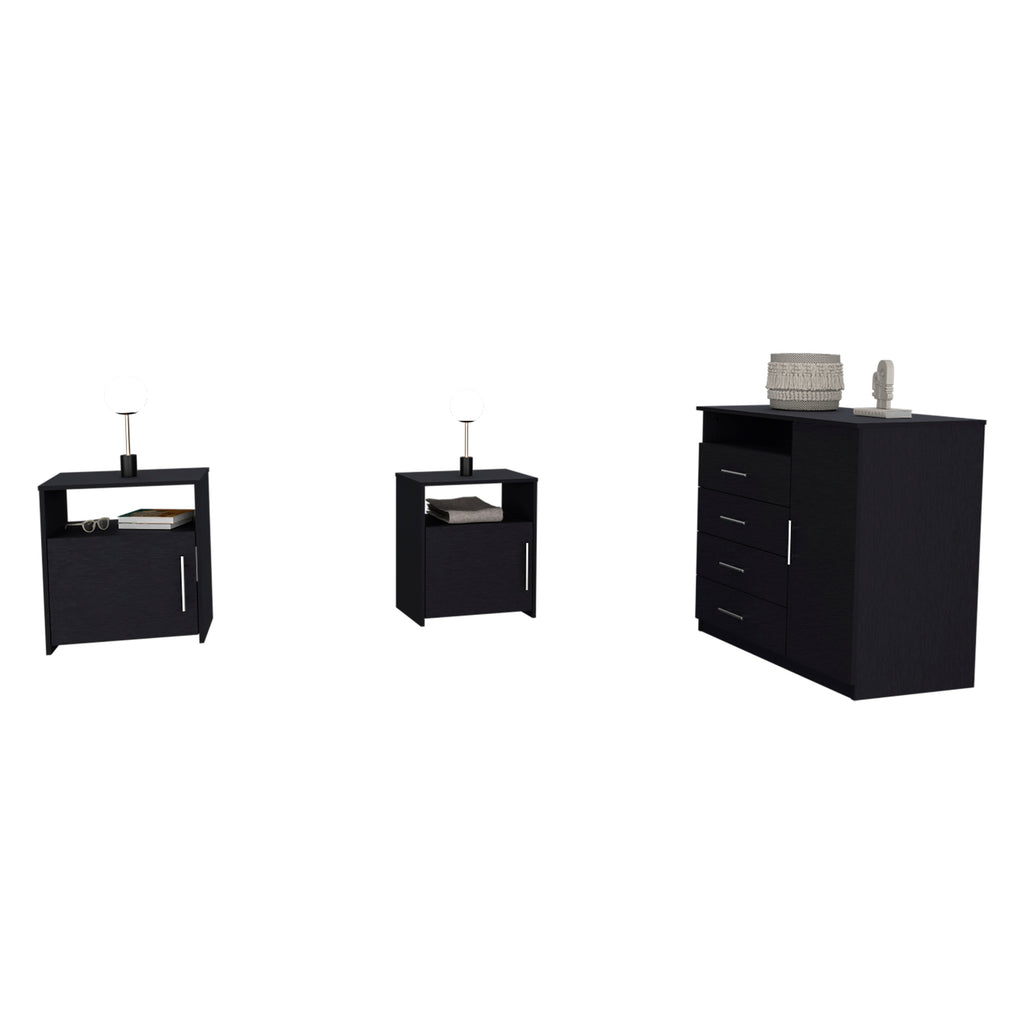 3 Piece Bedroom Set, Rioja 4 Drawer Dresser + 2 Omaha Nightstands, Black