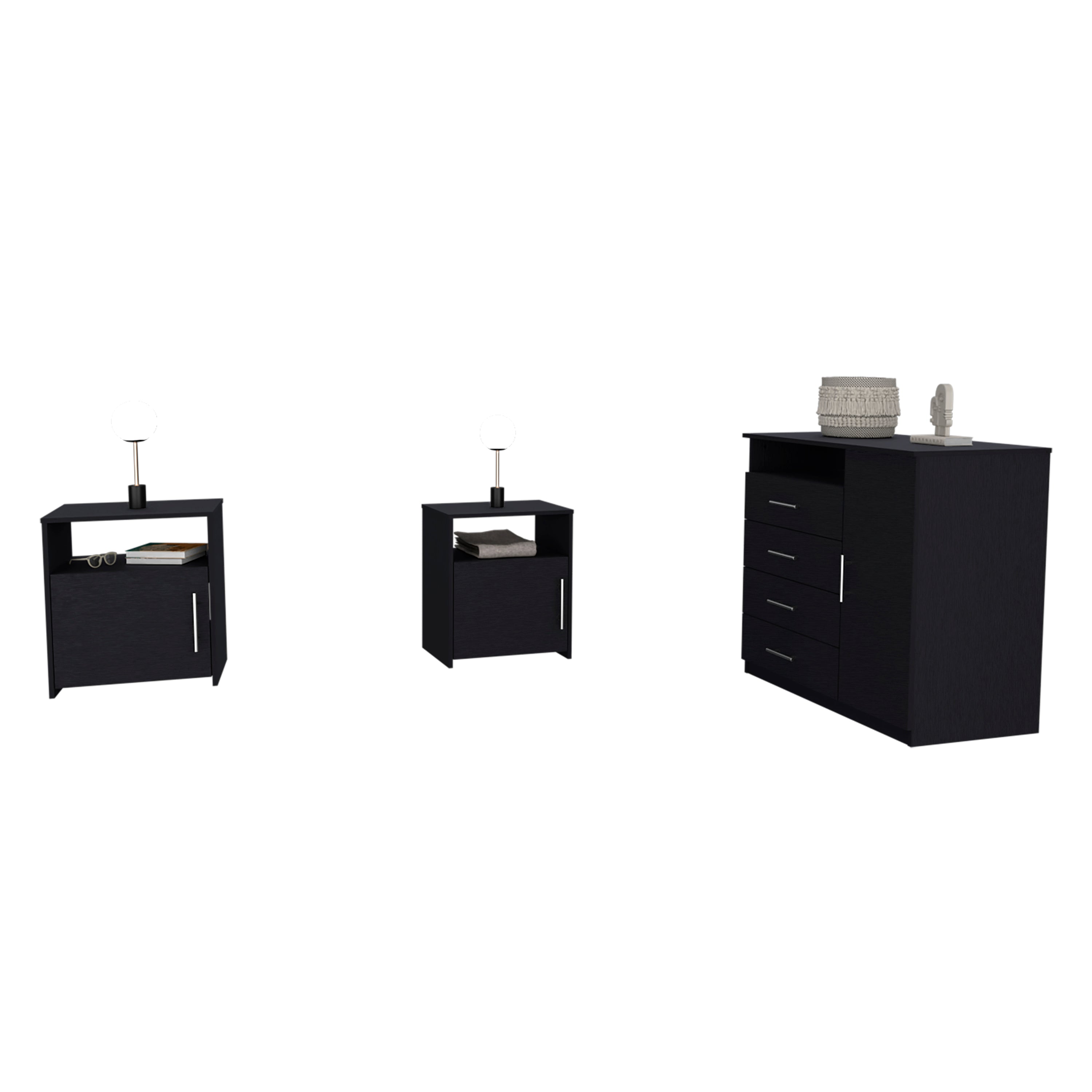 3 Piece Bedroom Set, Rioja 4 Drawer Dresser + 2 Omaha Nightstands, Black