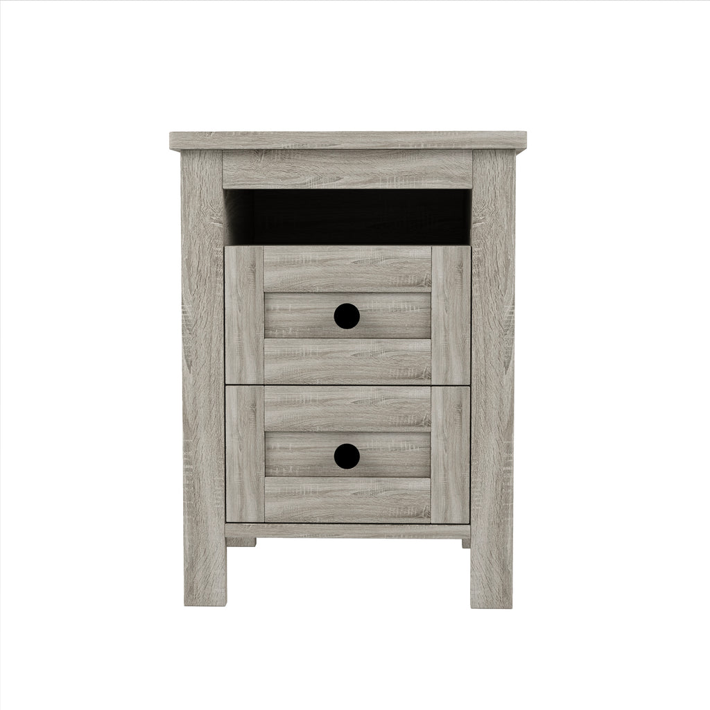3-Pieces Bedroom Sets Queen Size Farmhouse Platform Bed with Double Sliding Door Storage Headboard and Charging Station, Storage Nightstand and Dresser, Antique Gray(