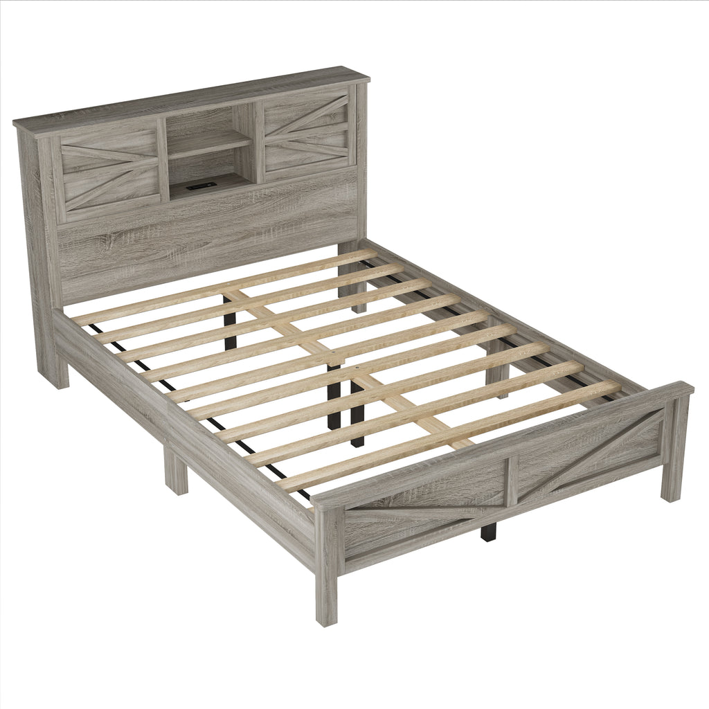 3-Pieces Bedroom Sets Queen Size Farmhouse Platform Bed with Double Sliding Door Storage Headboard and Charging Station, Storage Nightstand and Dresser, Antique Gray(