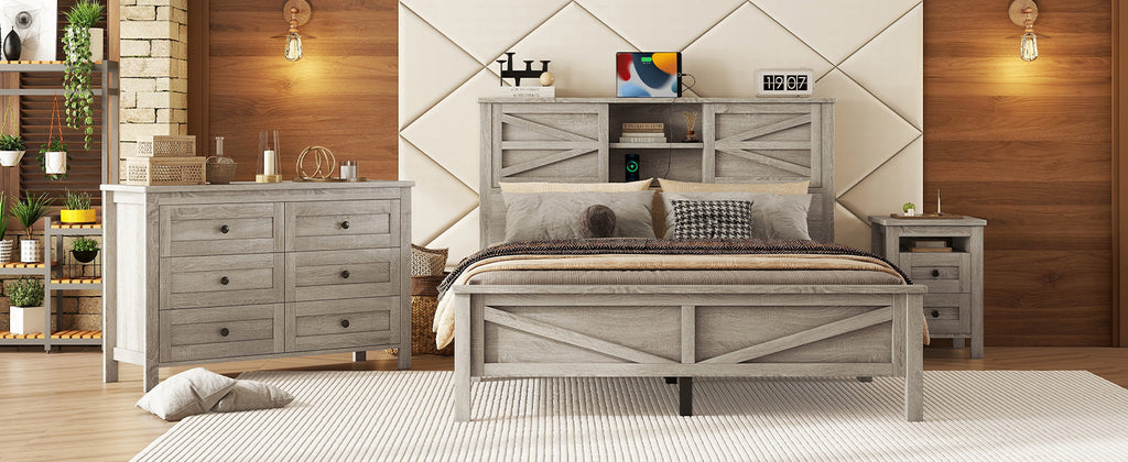 3-Pieces Bedroom Sets Queen Size Farmhouse Platform Bed with Double Sliding Door Storage Headboard and Charging Station, Storage Nightstand and Dresser, Antique Gray(