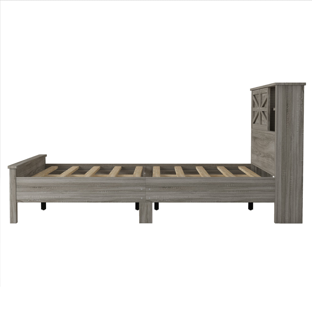 3-Pieces Bedroom Sets Queen Size Farmhouse Platform Bed with Double Sliding Door Storage Headboard and Charging Station, Storage Nightstand and Dresser, Antique Gray(