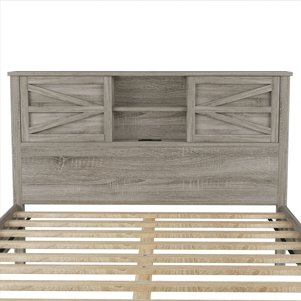 3-Pieces Bedroom Sets Queen Size Farmhouse Platform Bed with Double Sliding Door Storage Headboard and Charging Station, Storage Nightstand and Dresser, Antique Gray(