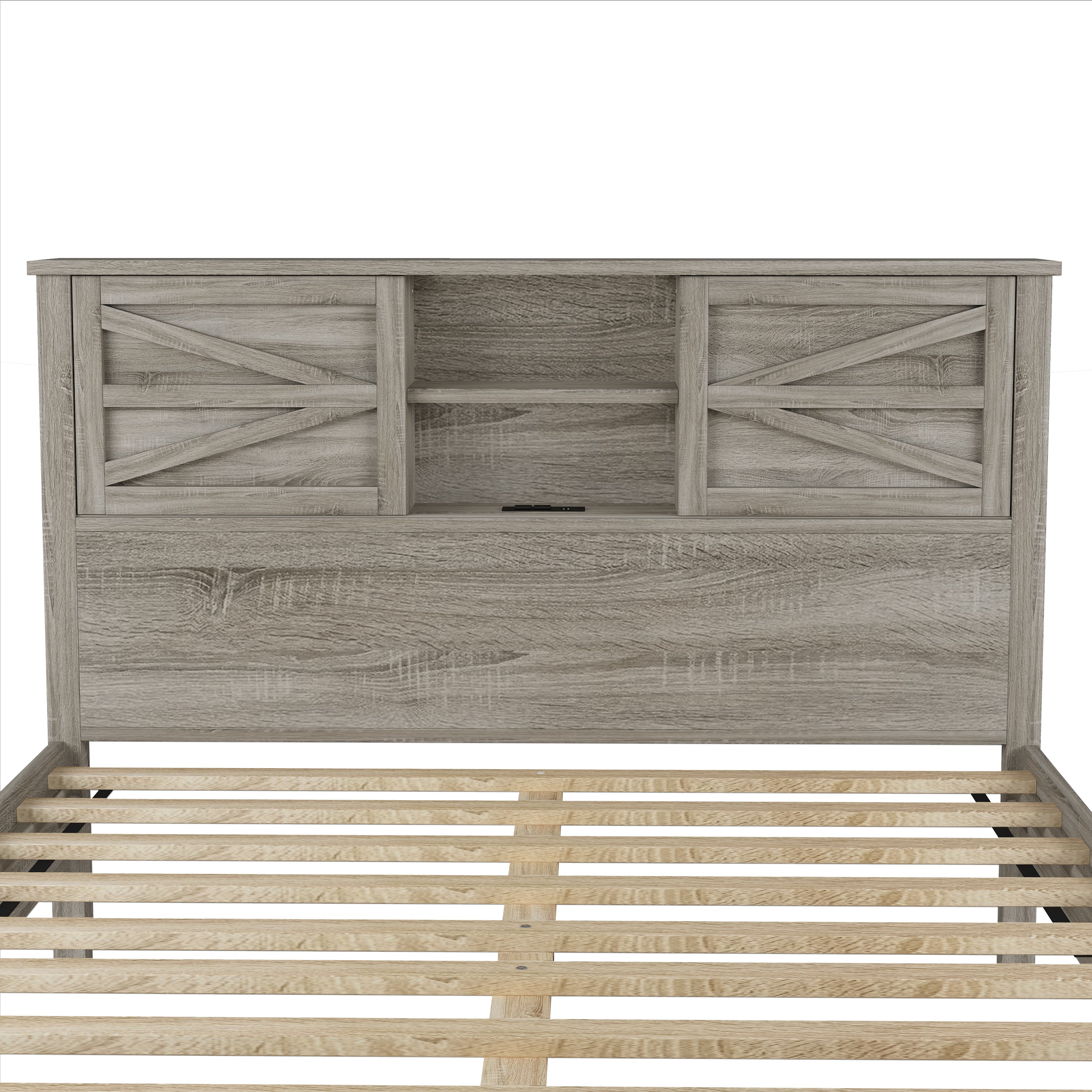 3-Pieces Bedroom Sets Queen Size Farmhouse Platform Bed with Double Sliding Door Storage Headboard and Charging Station, Storage Nightstand and Dresser, Antique Gray(