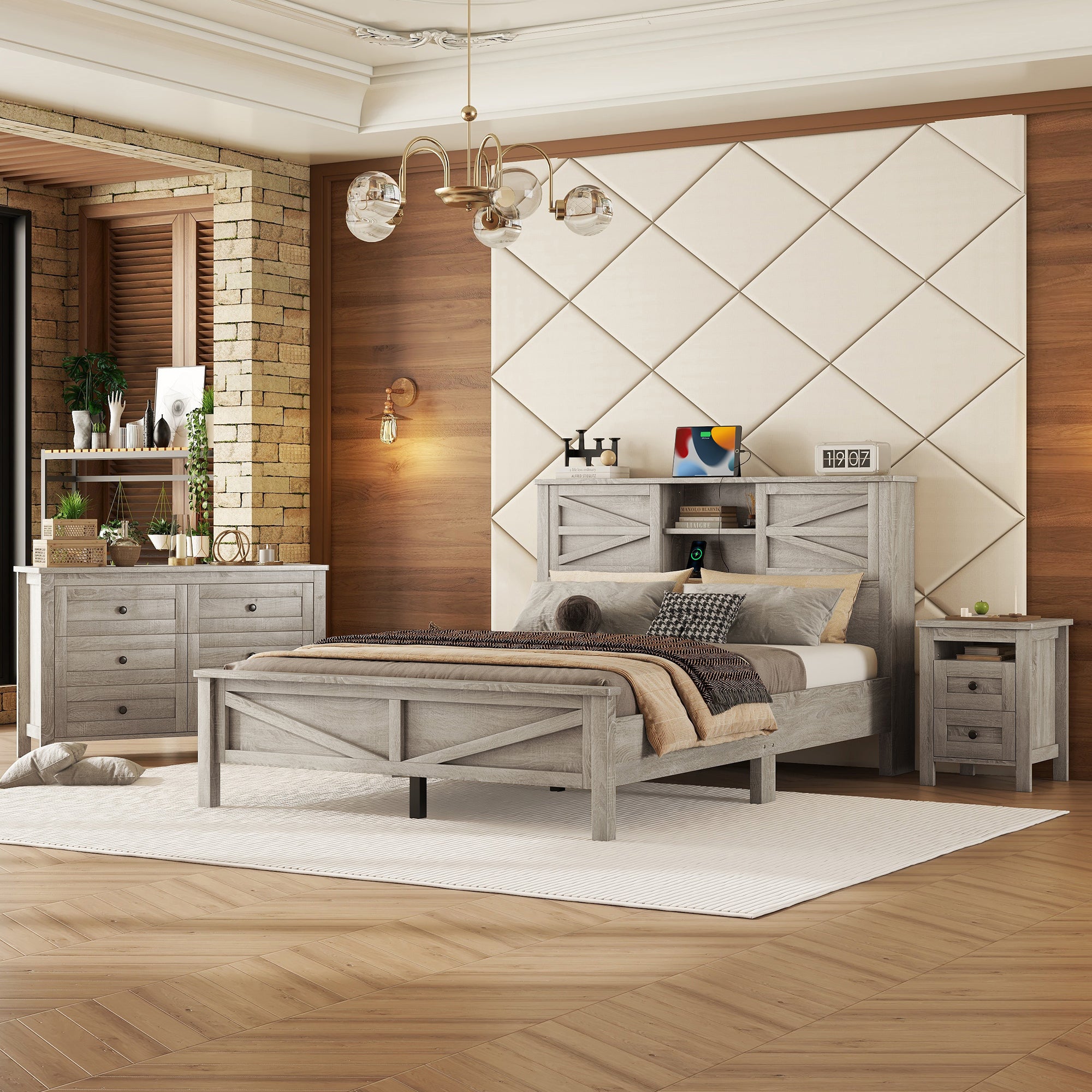 3-Pieces Bedroom Sets Queen Size Farmhouse Platform Bed with Double Sliding Door Storage Headboard and Charging Station, Storage Nightstand and Dresser, Antique Gray(