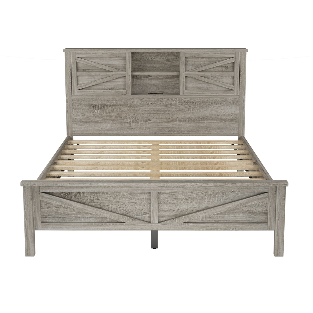 3-Pieces Bedroom Sets Queen Size Farmhouse Platform Bed with Double Sliding Door Storage Headboard and Charging Station, Storage Nightstand and Dresser, Antique Gray(
