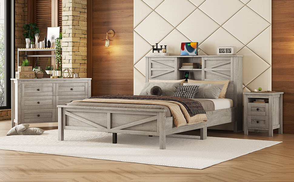 3-Pieces Bedroom Sets Queen Size Farmhouse Platform Bed with Double Sliding Door Storage Headboard and Charging Station, Storage Nightstand and Dresser, Antique Gray(