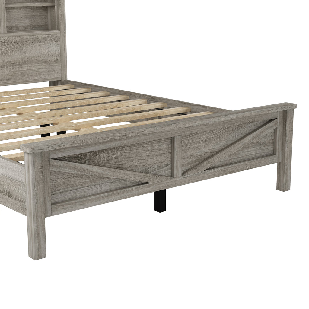 3-Pieces Bedroom Sets Queen Size Farmhouse Platform Bed with Double Sliding Door Storage Headboard and Charging Station, Storage Nightstand and Dresser, Antique Gray(