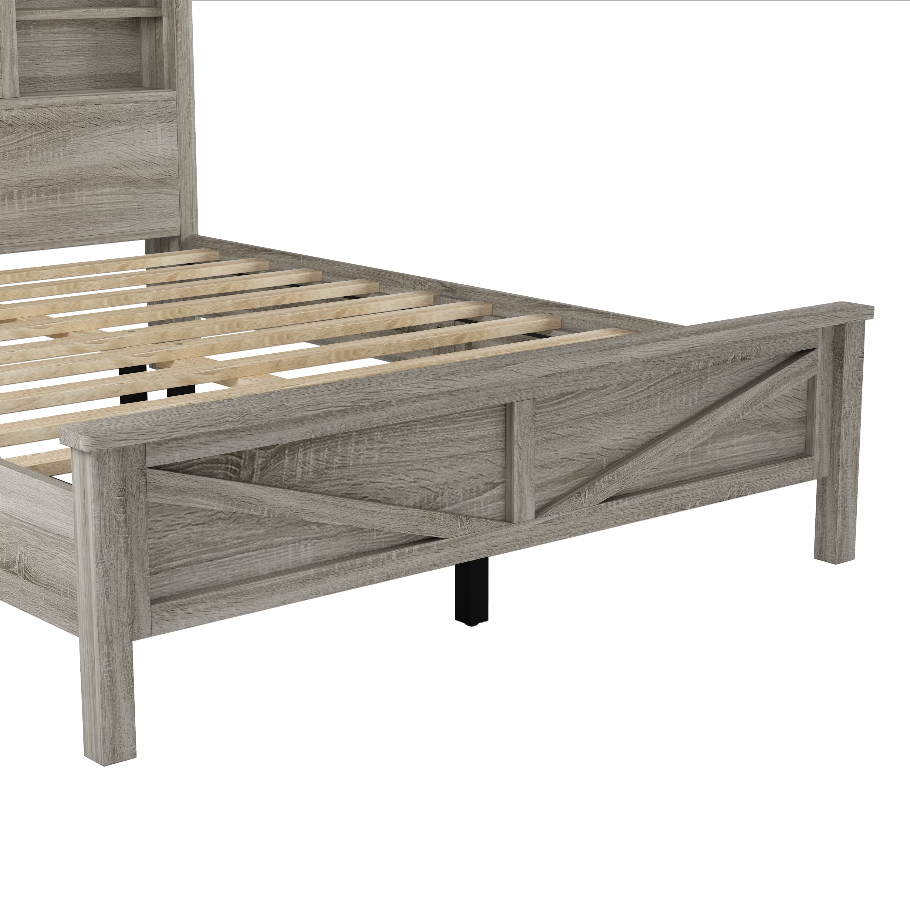 3-Pieces Bedroom Sets Queen Size Farmhouse Platform Bed with Double Sliding Door Storage Headboard and Charging Station, Storage Nightstand and Dresser, Antique Gray(