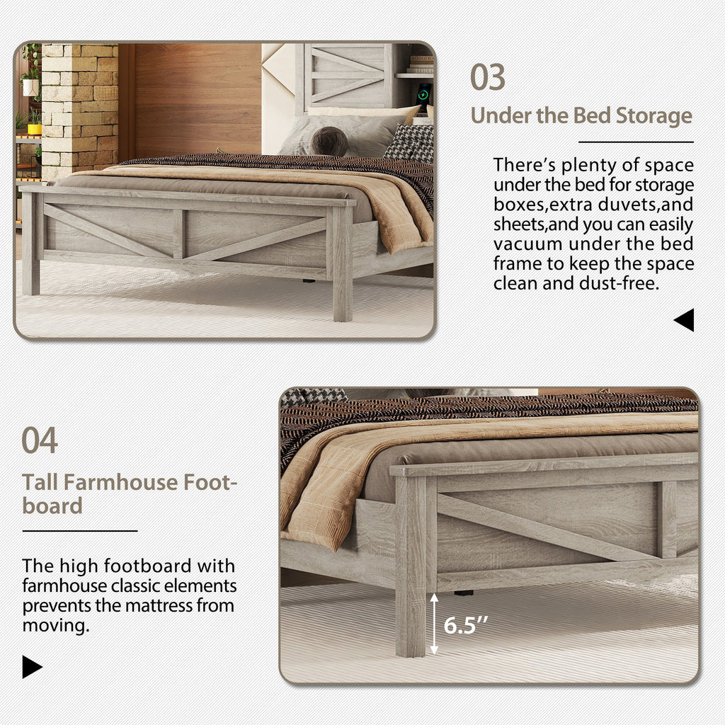 3-Pieces Bedroom Sets Queen Size Farmhouse Platform Bed with Double Sliding Door Storage Headboard and Charging Station, Storage Nightstand and Dresser, Antique Gray(