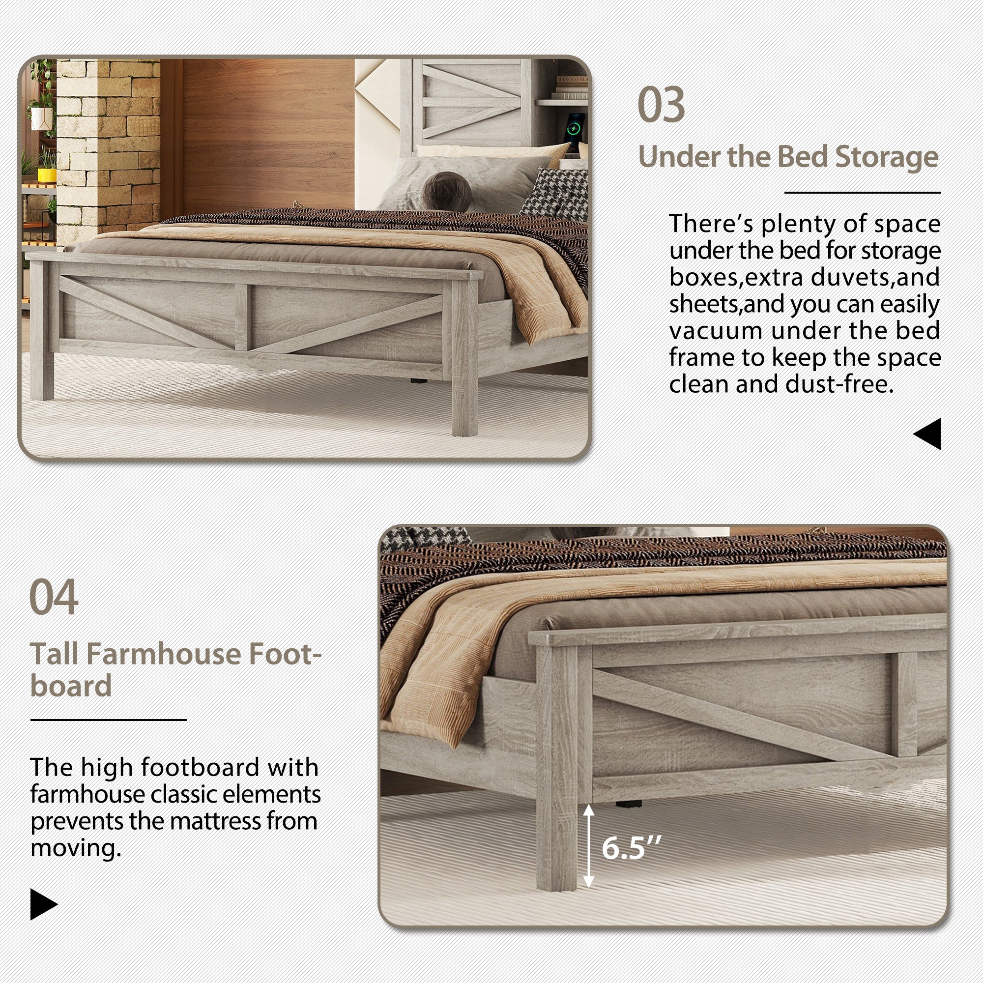 3-Pieces Bedroom Sets Queen Size Farmhouse Platform Bed with Double Sliding Door Storage Headboard and Charging Station, Storage Nightstand and Dresser, Antique Gray(