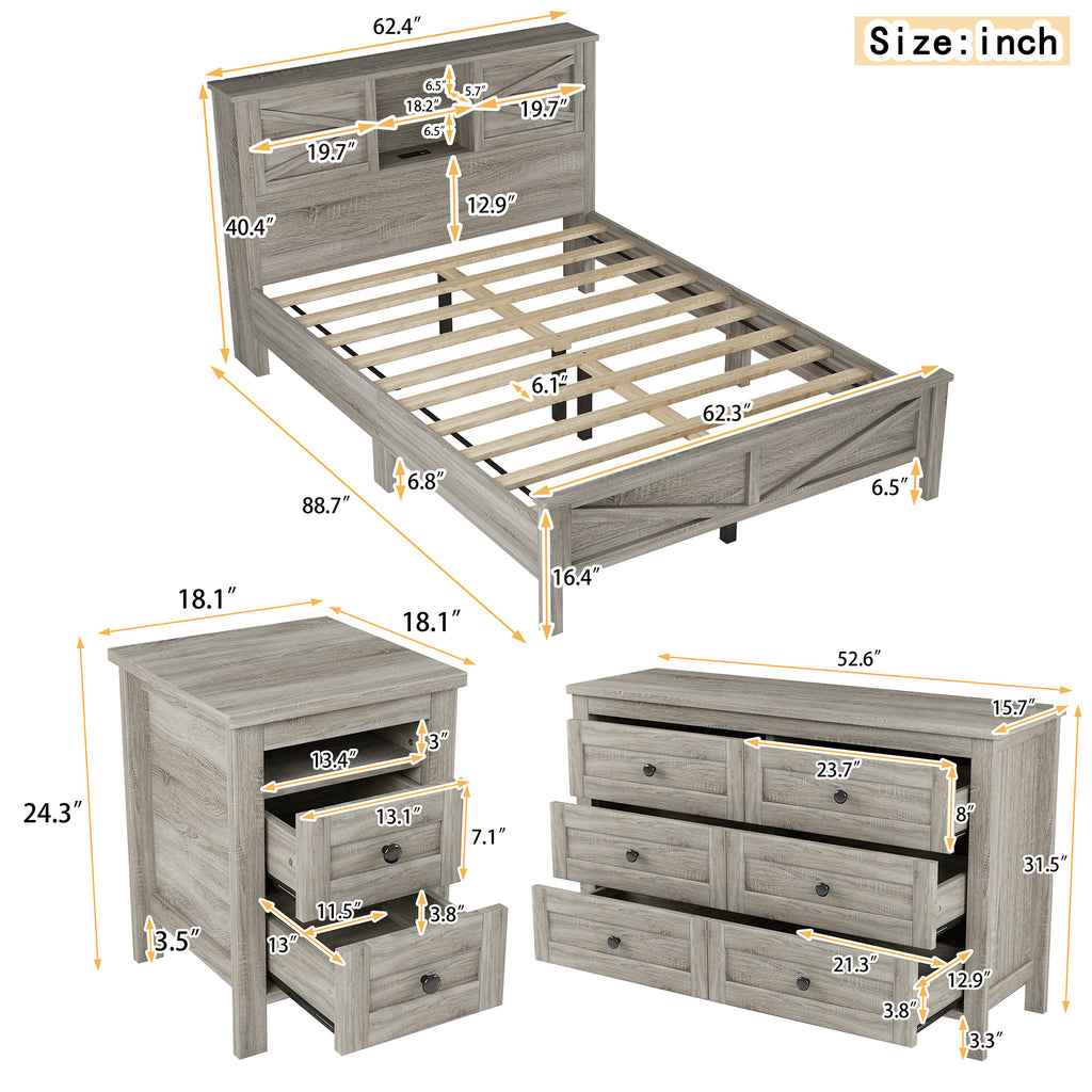 3-Pieces Bedroom Sets Queen Size Farmhouse Platform Bed with Double Sliding Door Storage Headboard and Charging Station, Storage Nightstand and Dresser, Antique Gray(