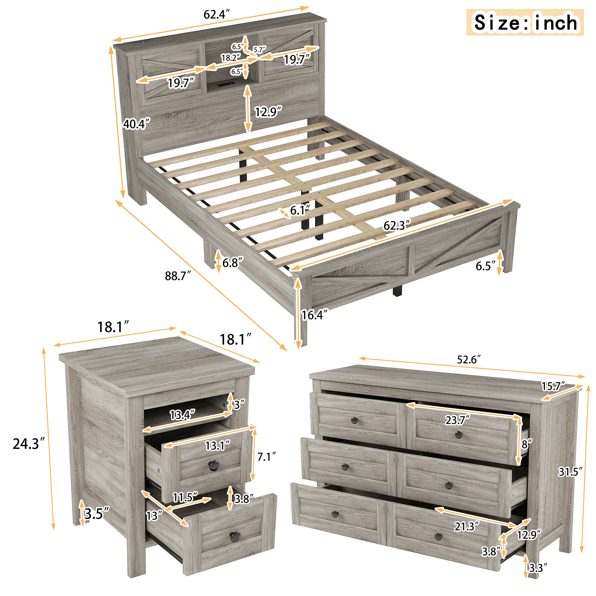 3-Pieces Bedroom Sets Queen Size Farmhouse Platform Bed with Double Sliding Door Storage Headboard and Charging Station, Storage Nightstand and Dresser, Antique Gray(