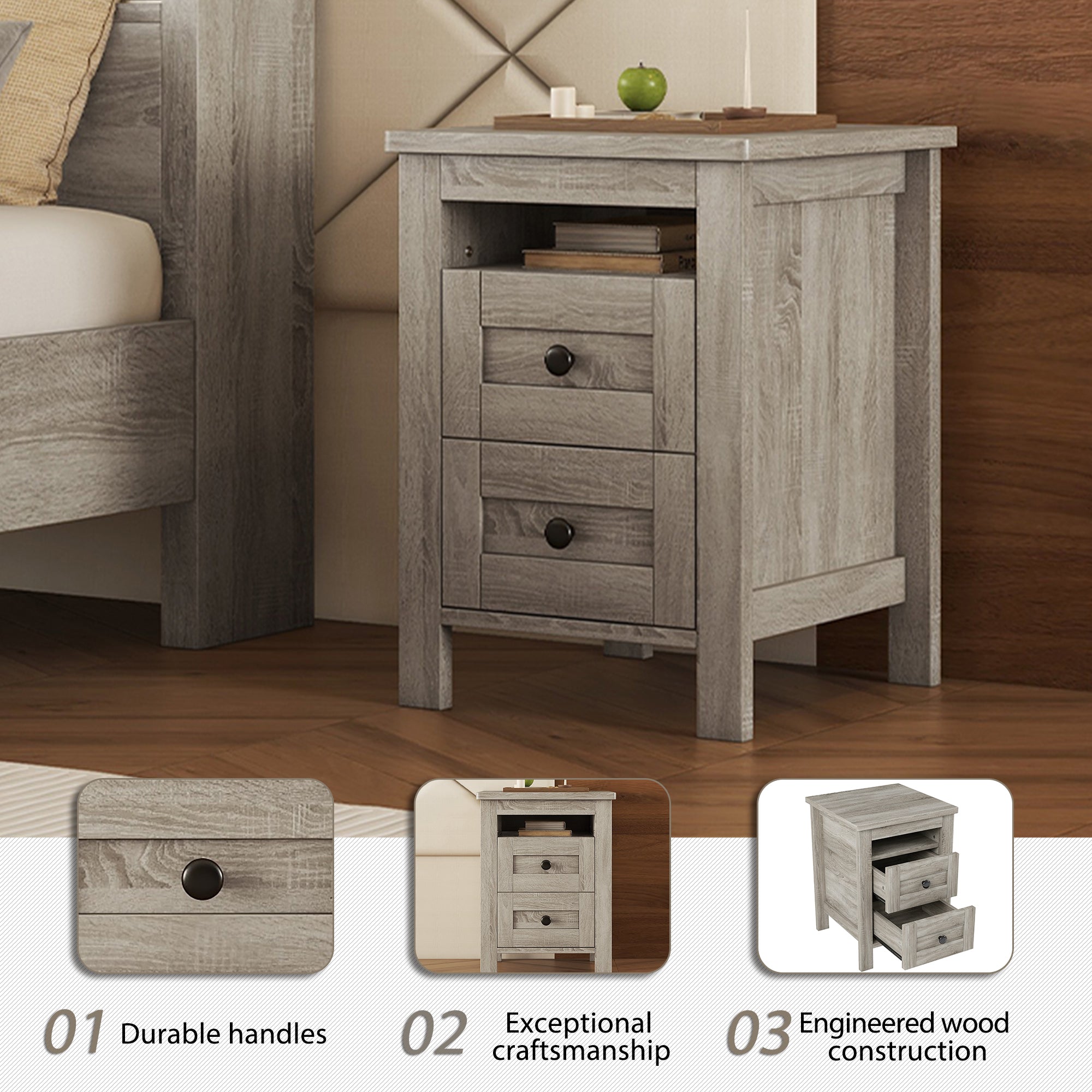 3-Pieces Bedroom Sets Queen Size Farmhouse Platform Bed with Double Sliding Door Storage Headboard and Charging Station, Storage Nightstand and Dresser, Antique Gray(